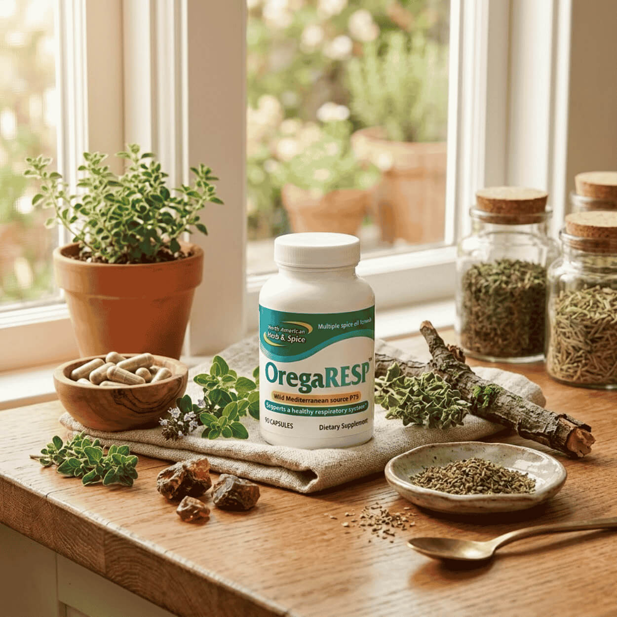 Bílá plastová lahvička s doplňkem stravy OregaRESP od značky North American Herb & Spice, která obsahuje softgel kapsle s divokým oreganem a kořením.